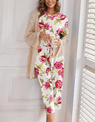 Ekouaer Women's Capri Pajama Sets Floral Print Short Sleeve Sleepwear Top and Capri Pants 2 Piece Loungewear with Pockets Pink Big Flowers L - Image 3