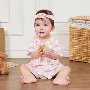 Toddler Girl Clothes Baby Girls Outfits Summer Floral Checkerboard Print Shirt+Shorts+Headband 3pcs Baby Clothing (Pink, 6-12 Months) - Image 5