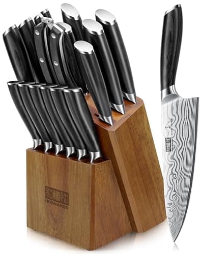 HOSHANHO 16-Piece Knife Set with Block, Ultra Sharp High Carbon Powder Steel Knife Block Set, Chef Knife Set Professional Kitchen Knives Set with Sharpener and Pakkawood Handle - Image 1
