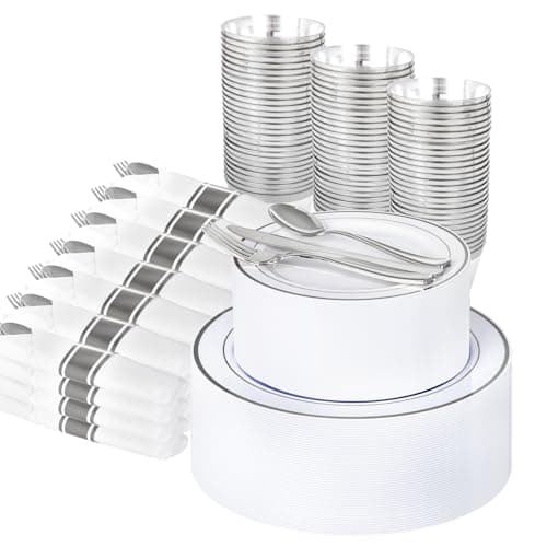 WELLIFE 350-Piece Silver Plastic Dinnerware Set - Disposable 10.25" Dinner Plates, 7.5" Dessert Plates, 9oz Silver Rim Cups & Cutlery for Weddings - 50 Guest Service - Elegant Disposable Silverware - Image 1