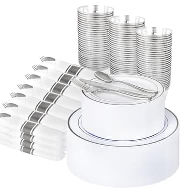 WELLIFE 350-Piece Silver Plastic Dinnerware Set - Disposable 10.25" Dinner Plates, 7.5" Dessert Plates, 9oz Silver Rim Cups & Cutlery for Weddings - 50 Guest Service - Elegant Disposable Silverware - Image 1
