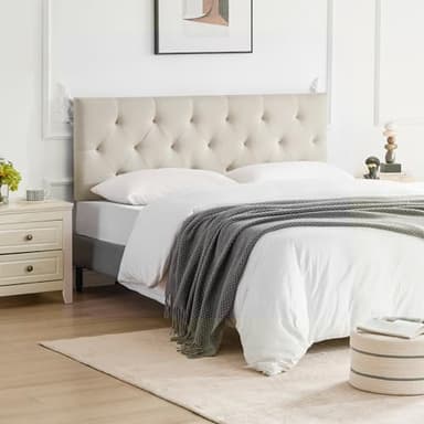 Howjoe Linen Fabric Upholstered Headboard Queen Size, Modern Diamond Tufting Solid Wood Queen Headboard Only, Adjustable Height from 37” to 51” Head Board, Bed Frame or Wall Mount Headboards, Beige - Image 7