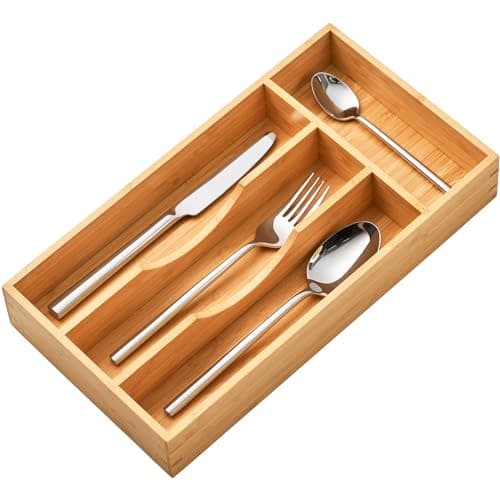 Umilife Bamboo Kitchen Drawer Organizer, 7 Inch Silverware Utensils Tray Holder for Small Drawer, Wood Caddy for Flatware Cutlery Knives - Image 1
