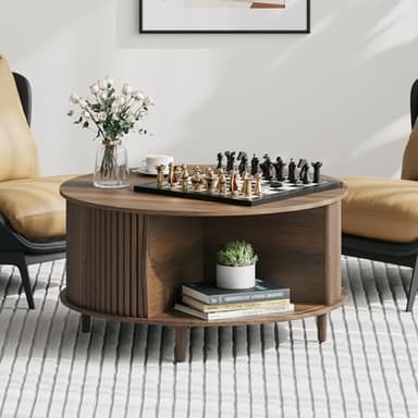 JOINICE, Round Coffee Table with Storage, Mid Century Modern Center Table with Sliding Cabinet Door, Fluted Dining Table for Living Room, Home Small Space, 31.5", Walnut - Image 3