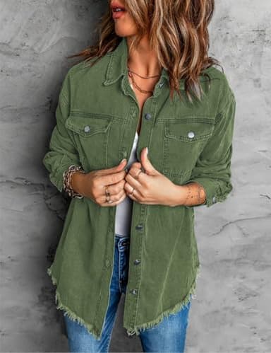 Vetinee Women's Oversized Denim Jean Jacket in Elm Green, Frayed Raw Hem, Front Button, Long Sleeve, Pockets - Size 8/10 - Image 6