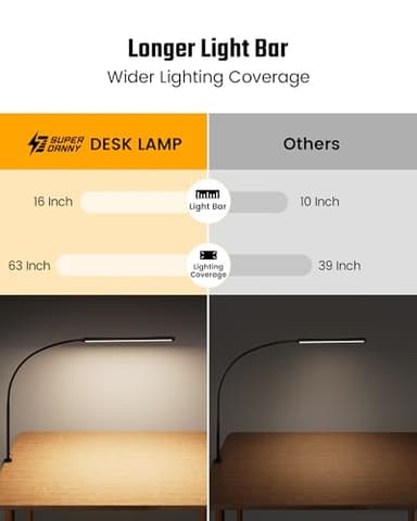 SUPERDANNY Eye-Caring LED Desk Lamp 360° Flexible Gooseneck Work Lamp with Desk Side Clamp Touch Control 3 Light Colors Smooth Dimming Task Lighting Reading Light for Home Office College Dorm, Black - Image 3
