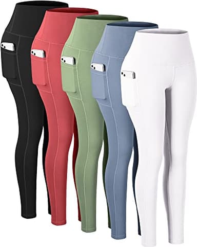 CHRLEISURE Leggings with Pockets for Women, High Waisted Tummy Control Workout Yoga Pants(5 Packs, Black,Raspberry Red,Green, Blue,White, XL) - Image 1
