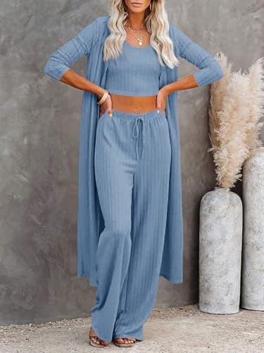 Fessceruna Womens 3 Piece Lounge Sets Pajamas Knit Long Sleeve Cardigan Crop Top Wide Leg Pants Loungewear Set A-blue - Image 2