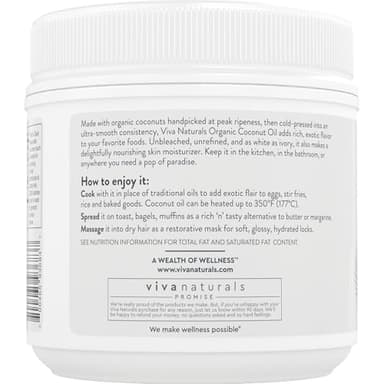 Viva Naturals Organic Coconut Oil - Unrefined and Cold-Pressed, Natural Hair Oil, Skin Oil and Cooking Oil with Fresh Flavor, Non-GMO Extra Virgin Coconut Oil (Aceite de Coco), USDA Organic, 32 Fl Oz (Pack of 1) - Image 8