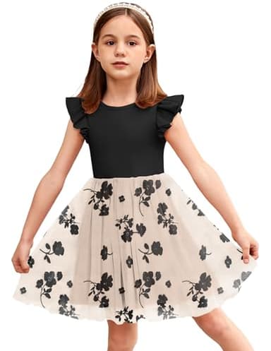 Arshiner Baby Girl Tulle Dress Toddler Flutter Sleeve Tutu Gown Flower Girl Wedding Birthday Party Dresses (Black Flower, 5T) - Image 1