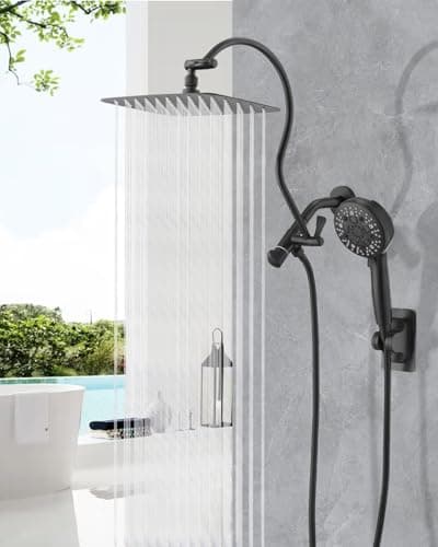PDPBATH Rainfall Shower Head with Handheld Spray Combo, All Metal 12 Inch High Pressure Rain Showerhead with 16" Adjustable Curved Arm Build-in 3-way Diverter, Matte Black - Image 1