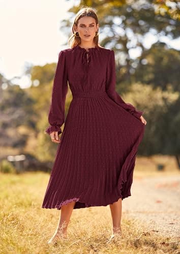 PRETTYGARDEN Women's 2025 Spring Fall Midi Dress Casual Long Sleeve V Neck Swiss Dot Pleated A Line Flowy Dresses (Dark Wine Red,Large) - Image 3