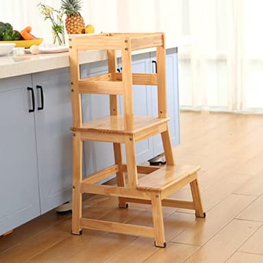 Kids Kitchen Step Stool for Kids with Safety Rail,Solid Wood Construction Toddler Learning Stool, Montessori Toddlers Kitchen Stool Tower(Natural) - Image 4