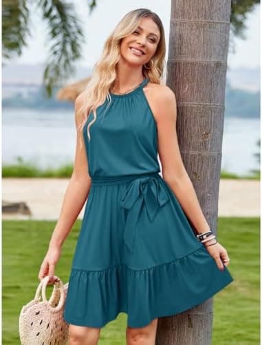 Newshows Womens 2025 Summer Dress Halter Wedding Guest Casual Beach Vacation Outfits Belted Sundresses with Pockets - Image 4