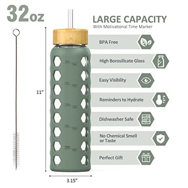 MUKOKO 32oz Glass Water Bottles with 2 Lids-Handle Spout Lid&Bamboo Straw Lid, Motivational Water Tumbler with Time Marker Reminder and Silicone Sleeve, Leakproof-Olive-1 Pack - Image 2