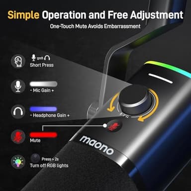 MAONO XLR/USB Gaming Microphone Kit: Dynamic PC Mic for Streaming Podcasting, Software Support, Mute Button, Gain Control, RGB Computer Mic with Boom Arm Stand, for Recording, PS4/PS5, PD100XS Black - Image 6