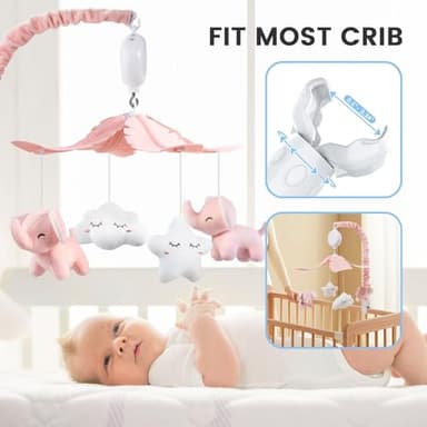 FEISIKE Crib Mobile for Girls Baby Mobiles with 3 Modes Digital Music Box（Turn Only, Music Only, Turn & Music, 35 Lullabies, Pink Elephant Nursery Mobile, Clamp Type, Pretty Box Packaging - Image 4
