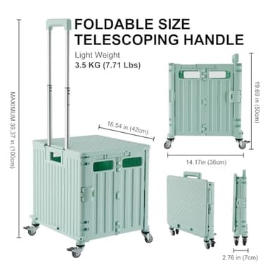 MACOPRO Folding Utility Cart Portable Rolling Crate Handcart Shopping Trolley Collapsible Tool Box, with Lid, Basket on 4 Rotate Wheels, for Grocery, Office, Teacher, Travel Shop Move Luggage (Green) - Image 4