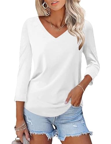 KTILG Women's V Neck Long Sleeve T Shirt White Shirts for Women Dressy Casual Solid Tunic Tops Basic Tees Spring M - Image 1