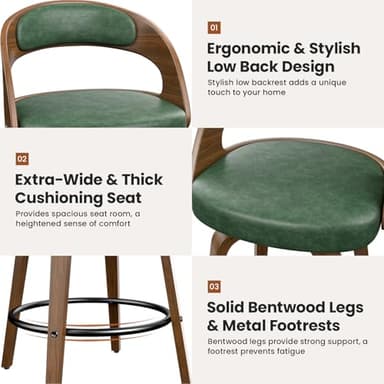 REONEY Swivel Bar Stools Set of 3, 26" Counter Height Bentwood Barstool, Mid-Century Modern PU Leather Upholstered Bar Chair with Back and Footrest, for Kitchen Island, Bar, Cafe, Dining Room, Green - Image 5