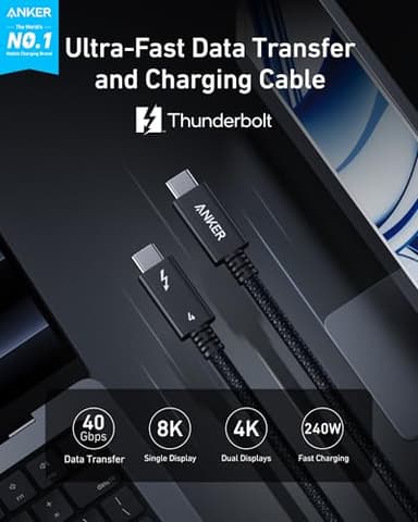 Anker Prime Thunderbolt 4 Cable, 3.3 ft USB C to USB C Cable, 240W Charging, 40Gbps Data Transfer, Supports 8K/4K Displays, for iPhone 16 Series, MacBook Air, iPad, Samsung (Thunderbolt 4-Certified) - Image 2