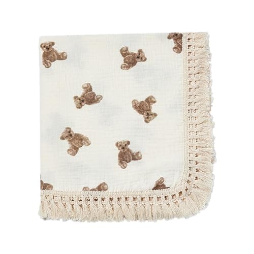insular Cotton Muslin Baby Blanket with Tassel, Boho Bohemian Muslin Swaddle Blanket Baby Receiving Blanket with Fringe, Nursery Decor Throw or Nursing Blankets, 47" x40”, Little Bear - Image 1