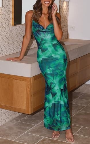 PRETTYGARDEN Adjustable Straps Sleeveless Summer Dresses for Women 2025 Floral Mesh Bodycon Sexy Dress Backless Maxi Dress (Green,Small) - Image 5