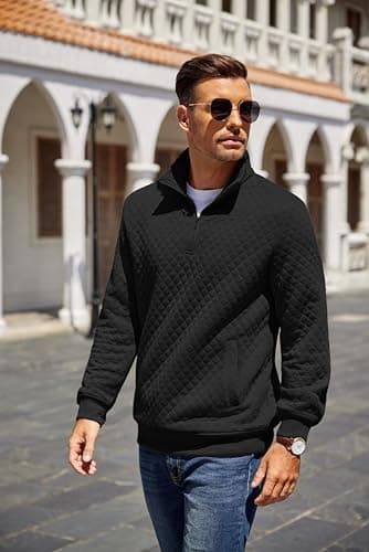 COOFANDY Mens Quarter Zip Pullover Quilted Sweatshirt Knit Long Sleeve Mock Neck Sweater Polo with Pocket A-black - Image 3