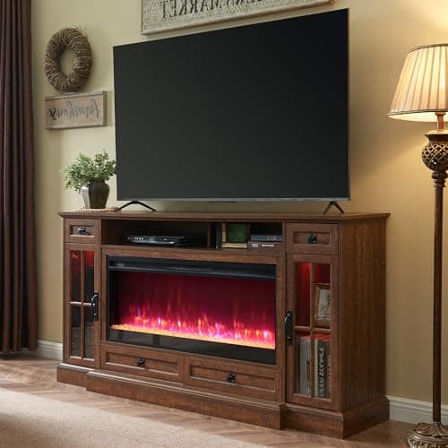 OKD Fireplace TV Stand for 80 Inch TV, Farmhouse Entertainment Center with 42" Fireplace & LED Lights, Modern Media Console Table with Storage Drawers & Cabinets for Living Room, Reclaimed Barnwood - Image 1