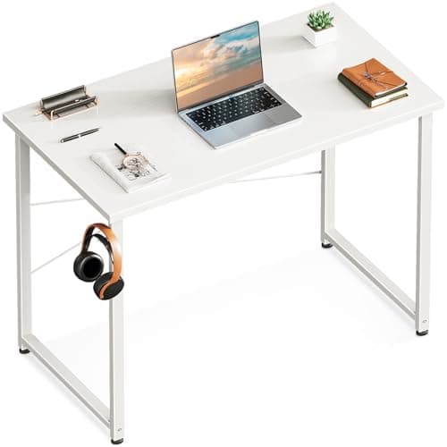 Casaottima 32 Inch Small Computer Desk for Home Office, Study Writing Table for Small Spaces, Simple Modern Desk with Headphone Hooks, Pure White - Image 1