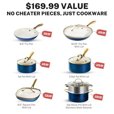 Gotham Steel 12 Pc Ceramic Cookware Set Nonstick, Ceramic Pots and Pans Set Non Stick with Steamer for Cooking, Non Toxic PFOA PFOS Free, Premium Stay Cool Handles, Oven & Dishwasher Safe - Image 2