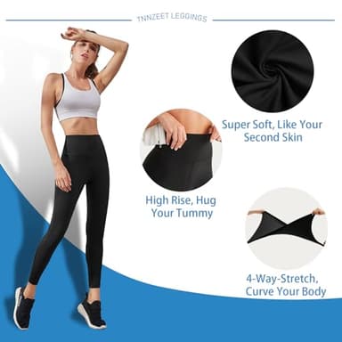 High Waisted Leggings for Women - No See Through Tummy Novelty Workout Yoga Pants with Pockets Reg & Plus Black - Image 2