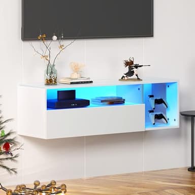 sogesfurniture 39.3'' Floating Wall TV Cabinet Stand with LED Lights, Wall Mounted Entertainment Center with Storage Shelves, Modern High Gloss Media Console for Living Room, Bedroom - Image 1