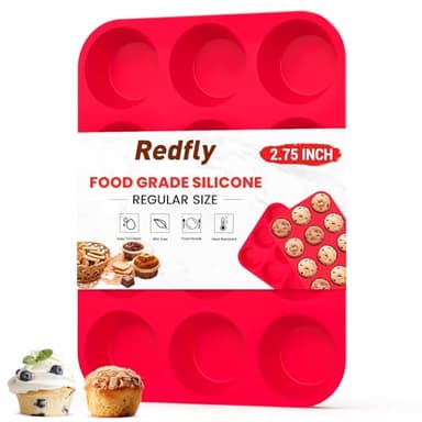 Redfly Silicone Muffin Pan & Cupcake Pans for Baking - 12 Cup Regular Size BPA Free Egg Bites Molds - Image 1