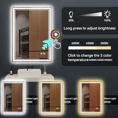 24“ x 36” LED Mirror for Bathroom Front and Backlit Anti-Fog Dimmable 3 Colors LED Bathroom Mirror with Lights Memory Function Smart Mirror Wall Mounted Horizontal/Vertical - Image 5