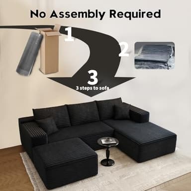 107.5" Cloud Modular Sectional Sofa with 1 Ottoman,Modern Minimalist Upholstered Couches, Comfort U Shaped Sofa for Living Room,Deep Seat Corner Couch，No Assembly Required (Black,Right Facing Chaise) - Image 3