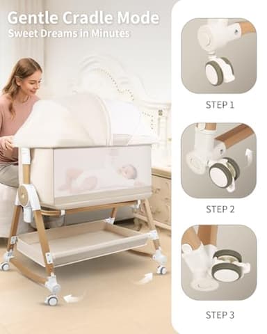 suihuooo 4 in 1 Baby Bassinet, Bassinets Bedside Sleeper with Wheels and Storage Basket, Adjustable 7 Heights Bedside Sleeper with Mosquito Net, Breathable Mesh Rocking Bassinet for Baby - Image 5