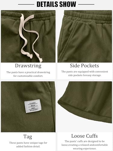 PLEPAN Mens Corduroy Shorts Casual 7 Inch Inseam Elastic Waist Drawstring Summer Beach Shorts Army Green X-Large - Image 4
