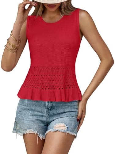 Saodimallsu Womens Crochet Crop Tank Tops Sleeveless Crew Neck Ruffle Summer Boho Knit Sweater Vest Red - Image 2
