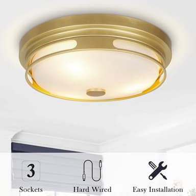 Rosient Close to Ceiling Light Fixture, 16 Inch Large Flush Mount Ceiling Light with Frosted Glass Shade, 3-Light Modern Country Gold White Ceiling Lamp for Kitchen Bathroom Hallway Entryway Foyer - Image 4