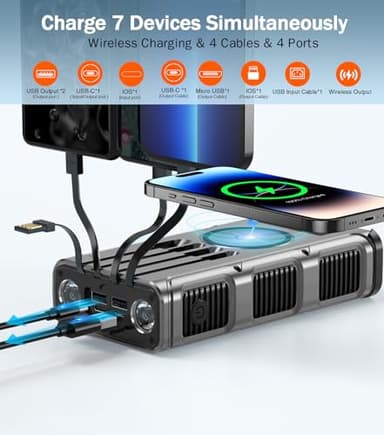GOODaaa Power Bank Wireless Charger 45800mAh Built in Hand Crank and 4 Cables 15W Fast Charging Power Bank 7 Outputs & 4 Inputs Solar Portable Charger, SOS/Strobe/Strong Flashlights, Compass - Image 2