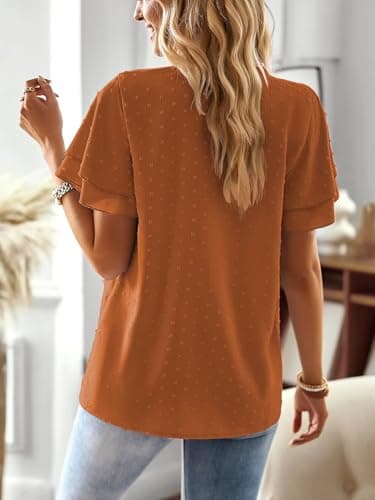 Falechay Plus Size Tops for Women Dressy Casual Short Sleeves Western Womens Blouses V Neck Ruffle Sleeve Summer Shirts Business Cute Swiss Dot Boho Top Bohemian Flowy Shirt Caramel 4XL - Image 3