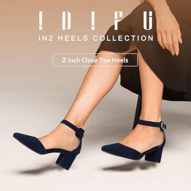 IDIFU Women's IN2 Pedazo Dress Shoes Low Block Heels Comfortable Chunky Closed Toe Ankle Strap Wedding Pumps(Blue Suede, 6.5 B(M) US) - Image 2