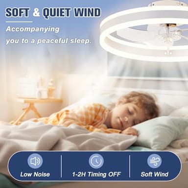 VOLISUN Low Profile Ceiling Fans with Lights and Remote, 19.7in Flush Mount Ceiling Fans with Light, 3000K-6500K Dimmable Fandelier LED Fan Light, White Bladeless Ceiling Fans with Lights for Bedroom - Image 4