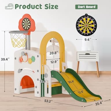 BIERUM Toddler Slide, Baby Slide for Toddlers Aged 1-3, with Adjustable Basketball Hoop, Soccer, Dart Board and Pretend Shopping Window, Multi-Functional Playset for Indoor Outdoor Use - Image 8