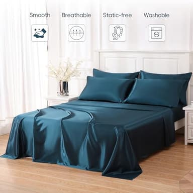 Sleeplite 4 Piece Luxury Satin Bed Sheets Set with Pillowcases - Ultra Soft & Silky, Hypoallergenic & Wrinkle-Free, Hotel Quality Comfort Bedding, Size Full, Navy Blue - Image 2