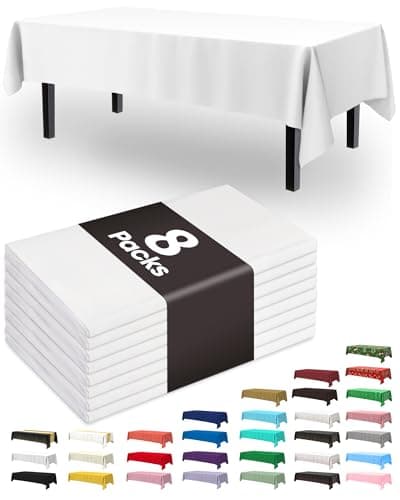 Pureegg Plastic Table Cloth Disposable 8 Pack, 54 x 108 Inch Table Cloths, Party, Picnic, Wedding, Decorative Tablecloths, Rectangle, White Plastic Cover, Leakproof & Sturdy, White - Image 1