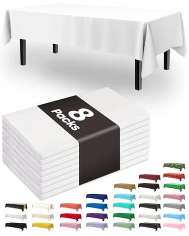 Pureegg Plastic Table Cloth Disposable 8 Pack, 54 x 108 Inch Table Cloths, Party, Picnic, Wedding, Decorative Tablecloths, Rectangle, White Plastic Cover, Leakproof & Sturdy, White - Image 1