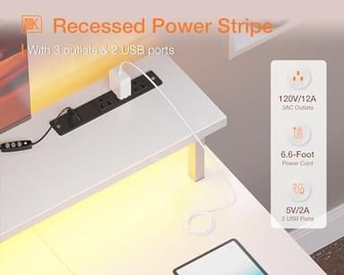 ODK 48 inch Gaming Desk with LED Lights & Power Outlets, Computer Desk with Monitor Stand & Storage Sheves, CPU Stand, Home Office Desk, White - Image 7