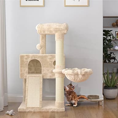 SHA CERLIN Cat Tree 36 Inches Cat Tower with Hammock, Sisal Scratching Post for Indoor Kittens, Small Room, Beige - Image 2